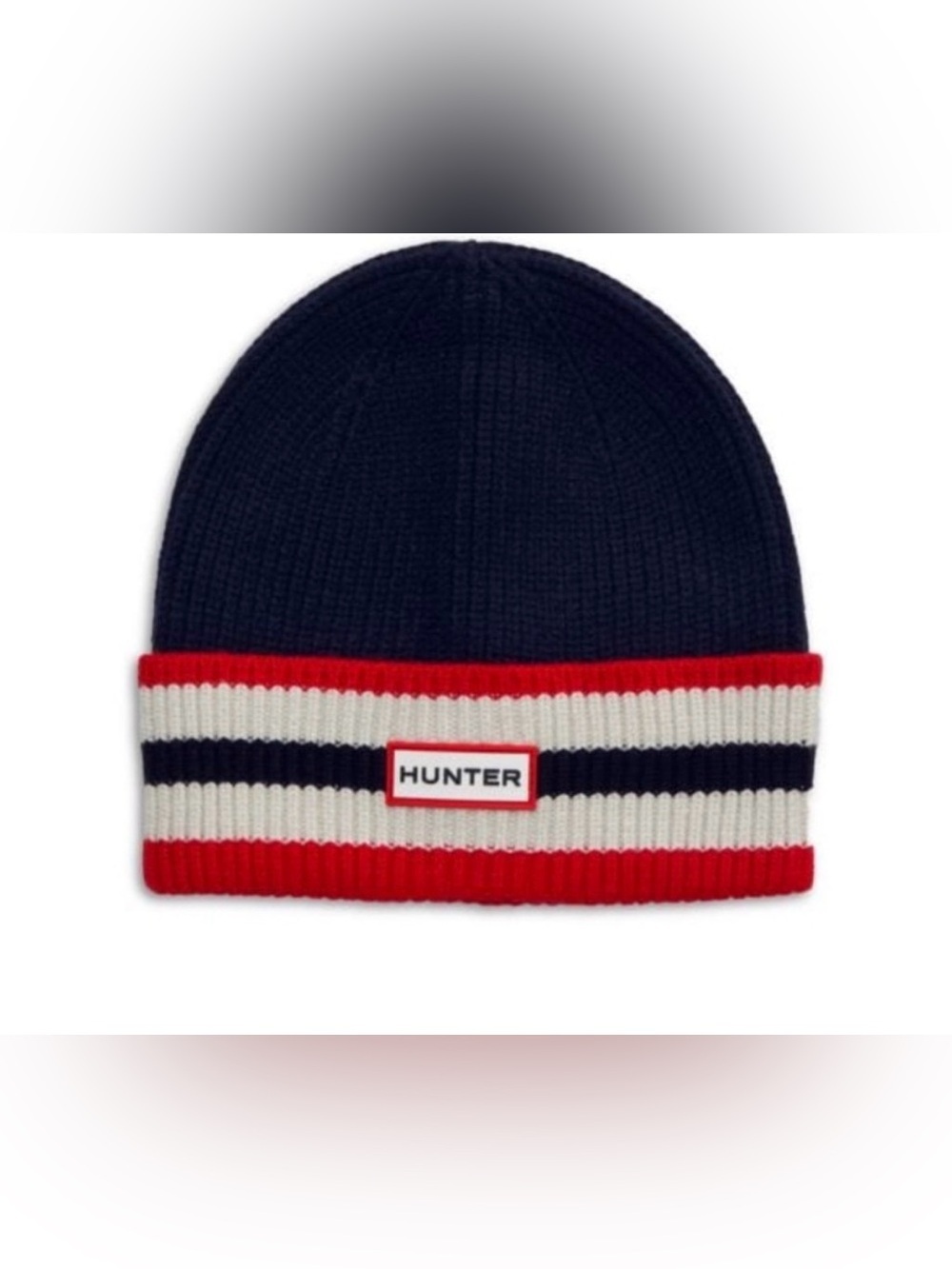 HUNTER STRIPED RIBBED LOGO BEANIE HAT ONE SIZE VALTAMERI BLUE NEW WITH TAGS
